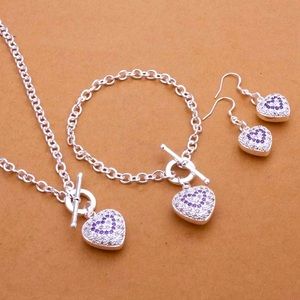 925 Sterling Silver Noble Crystal Necklace Bracelet Earrings Heart Set
